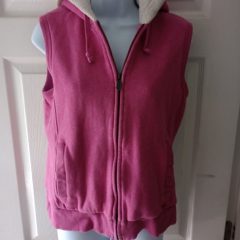 Women's Vintage Small Carhartt Sherpa Lined Pink Hooded Zip-up Vest w/ pockets